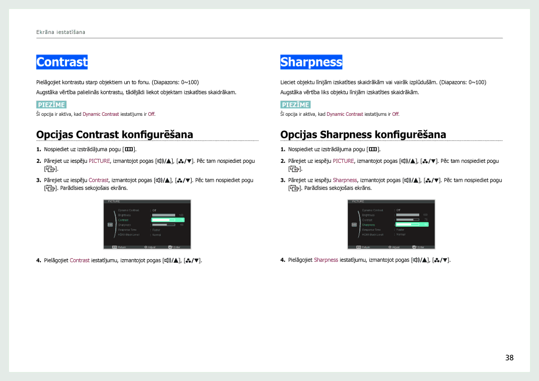 Samsung LS27B971DS/EN, LS27B970DS/EN manual Opcijas Contrast konfigurēšana, Opcijas Sharpness konfigurēšana 