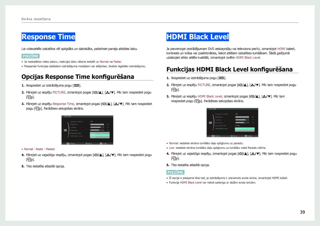 Samsung LS27B970DS/EN, LS27B971DS/EN Opcijas Response Time konfigurēšana, Funkcijas Hdmi Black Level konfigurēšana 