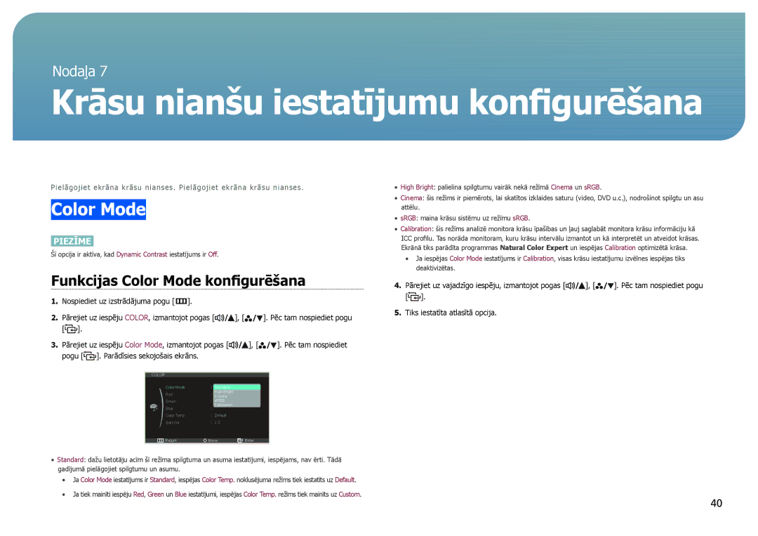 Samsung LS27B971DS/EN, LS27B970DS/EN manual Krāsu nianšu iestatījumu konfigurēšana, Funkcijas Color Mode konfigurēšana 