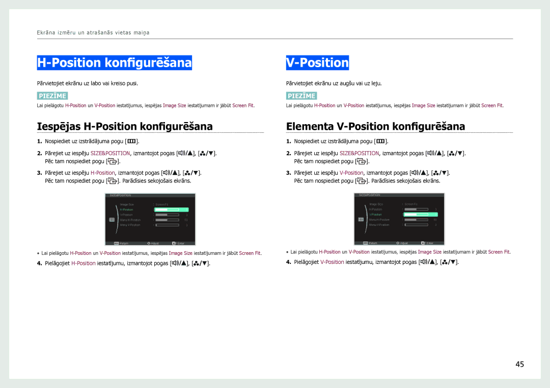 Samsung LS27B970DS/EN, LS27B971DS/EN manual Iespējas H-Position konfigurēšana, Elementa V-Position konfigurēšana 