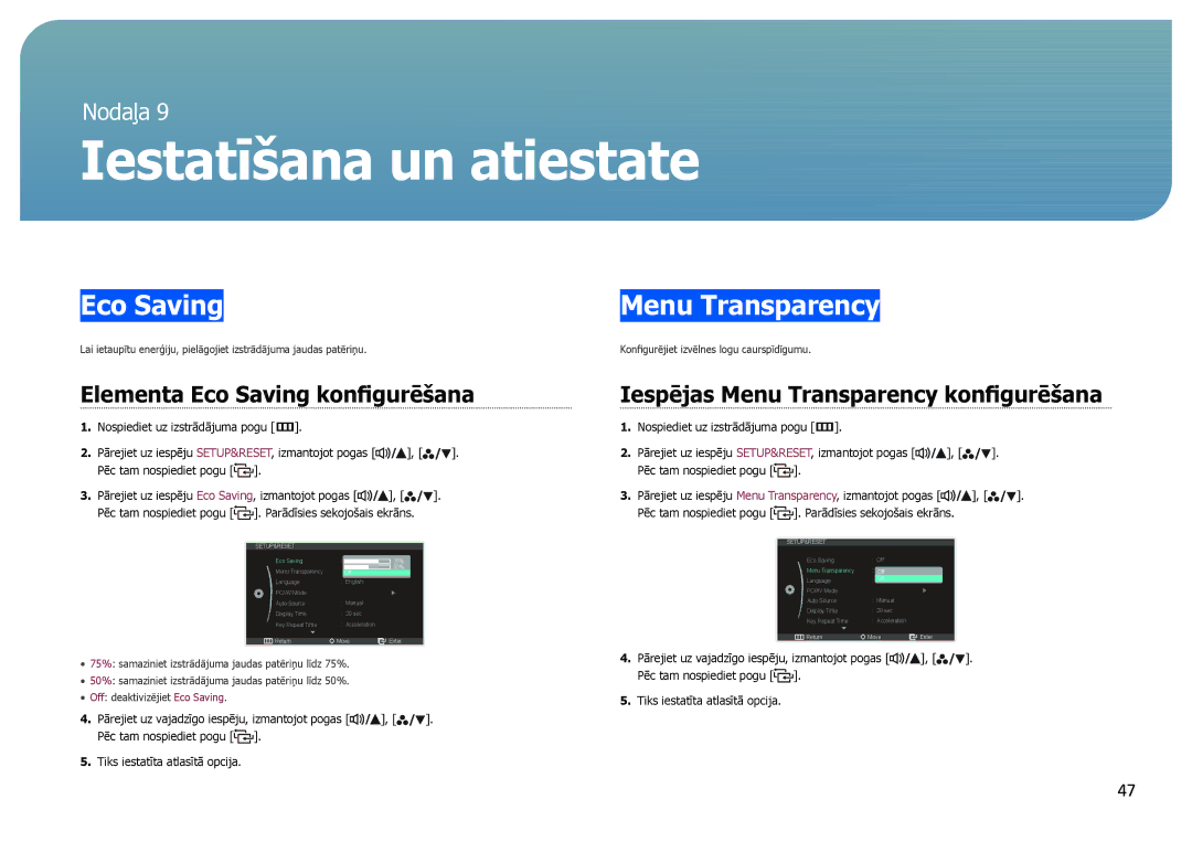 Samsung LS27B970DS/EN, LS27B971DS/EN manual Elementa Eco Saving konfigurēšana, Iespējas Menu Transparency konfigurēšana 