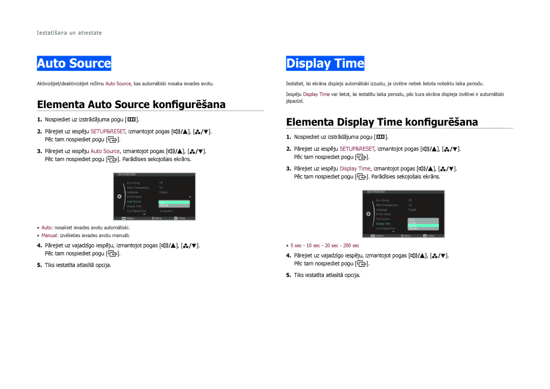 Samsung LS27B970DS/EN, LS27B971DS/EN manual Elementa Auto Source konfigurēšana, Elementa Display Time konfigurēšana 