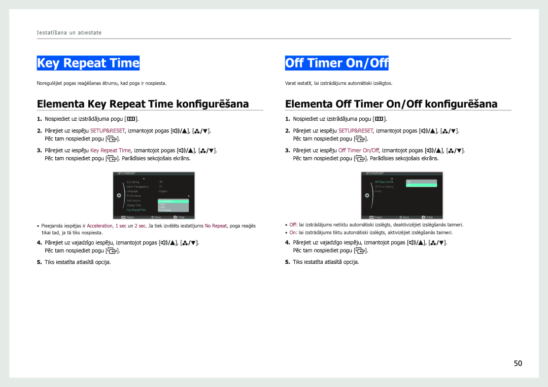 Samsung LS27B971DS/EN, LS27B970DS/EN manual Off Timer On/Off, Elementa Key Repeat Time konfigurēšana 