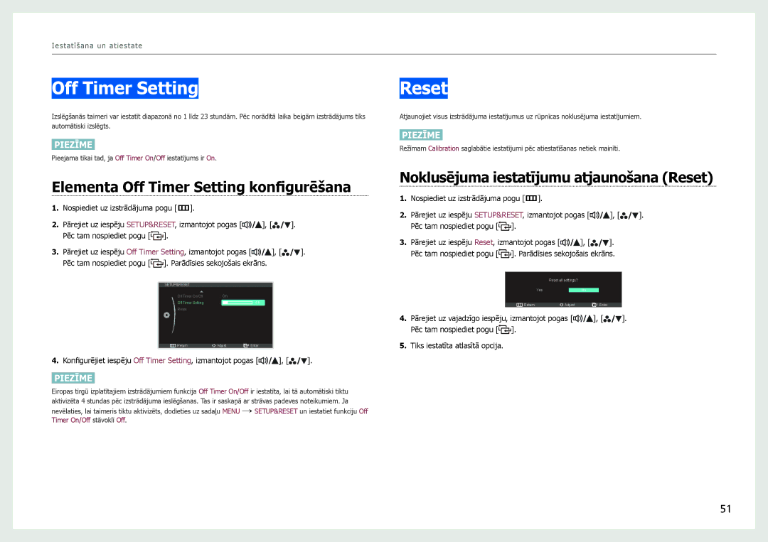 Samsung LS27B970DS/EN manual Elementa Off Timer Setting konfigurēšana, Noklusējuma iestatījumu atjaunošana Reset 