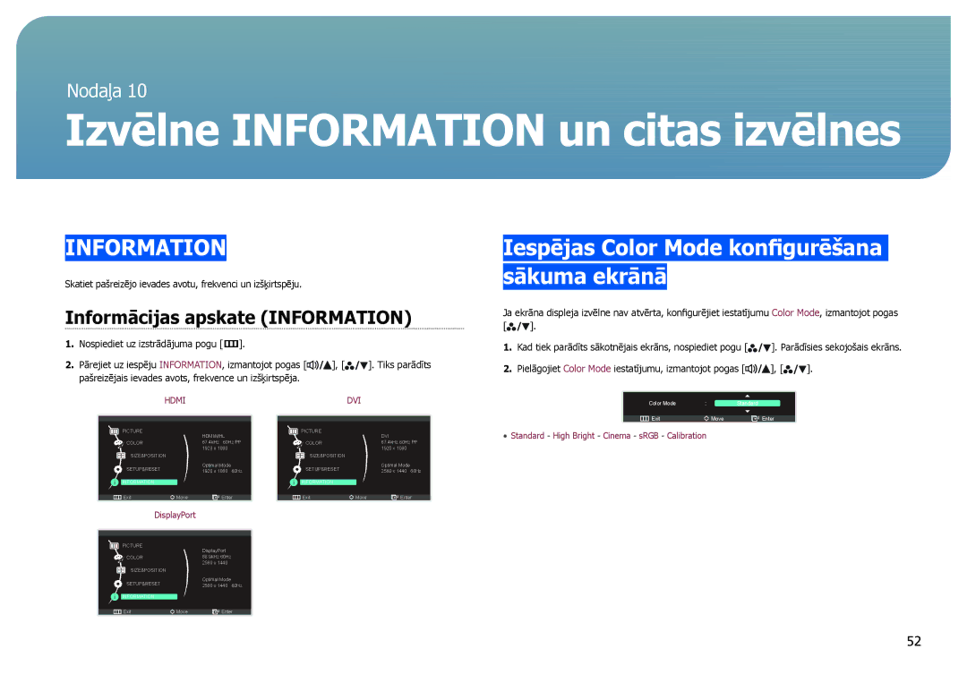 Samsung LS27B971DS/EN manual Izvēlne Information un citas izvēlnes, Iespējas Color Mode konfigurēšana sākuma ekrānā 