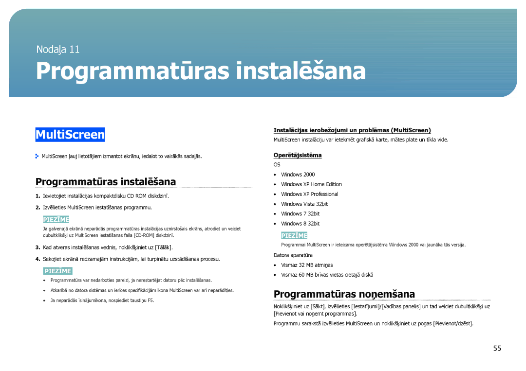 Samsung LS27B970DS/EN, LS27B971DS/EN manual Programmatūras instalēšana, MultiScreen, Programmatūras noņemšana 