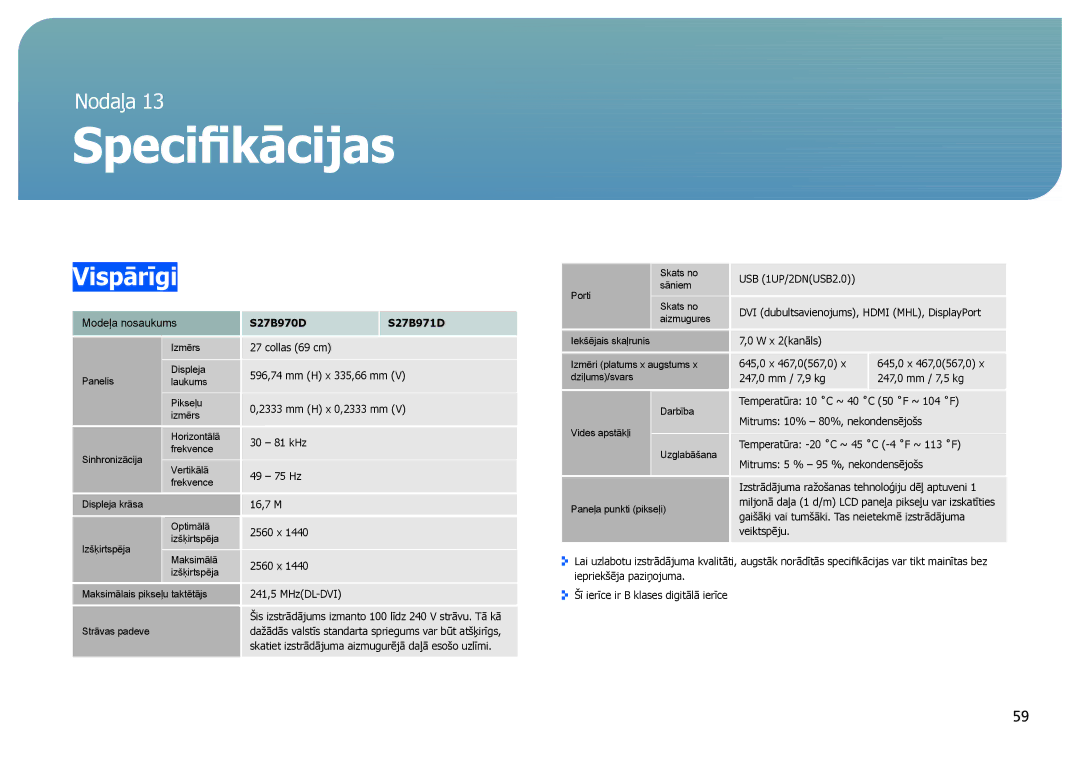 Samsung LS27B970DS/EN, LS27B971DS/EN manual Specifikācijas, Vispārīgi 