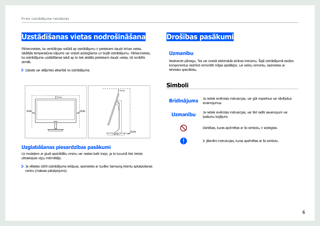 Samsung LS27B971DS/EN, LS27B970DS/EN manual Uzstādīšanas vietas nodrošināšana, Drošības pasākumi, Simboli 