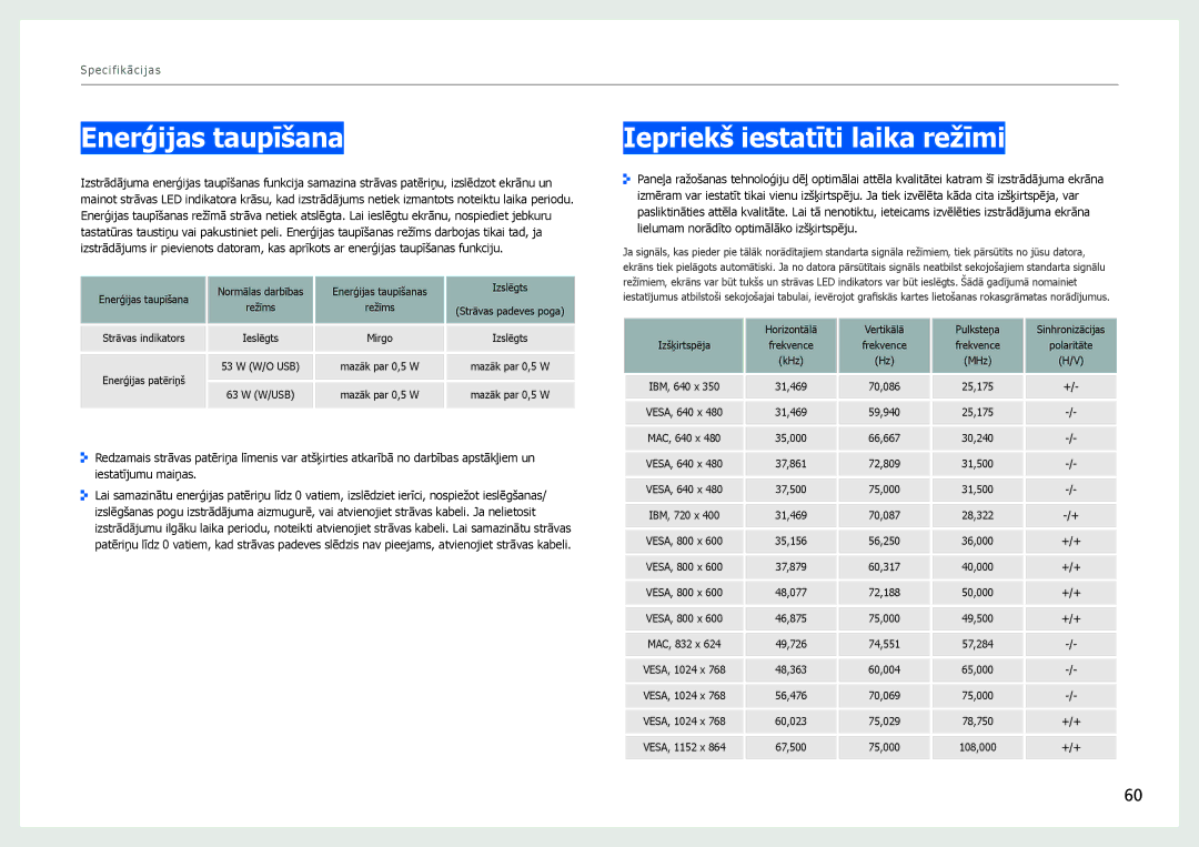 Samsung LS27B971DS/EN, LS27B970DS/EN manual Enerģijas taupīšana, Iepriekš iestatīti laika režīmi 