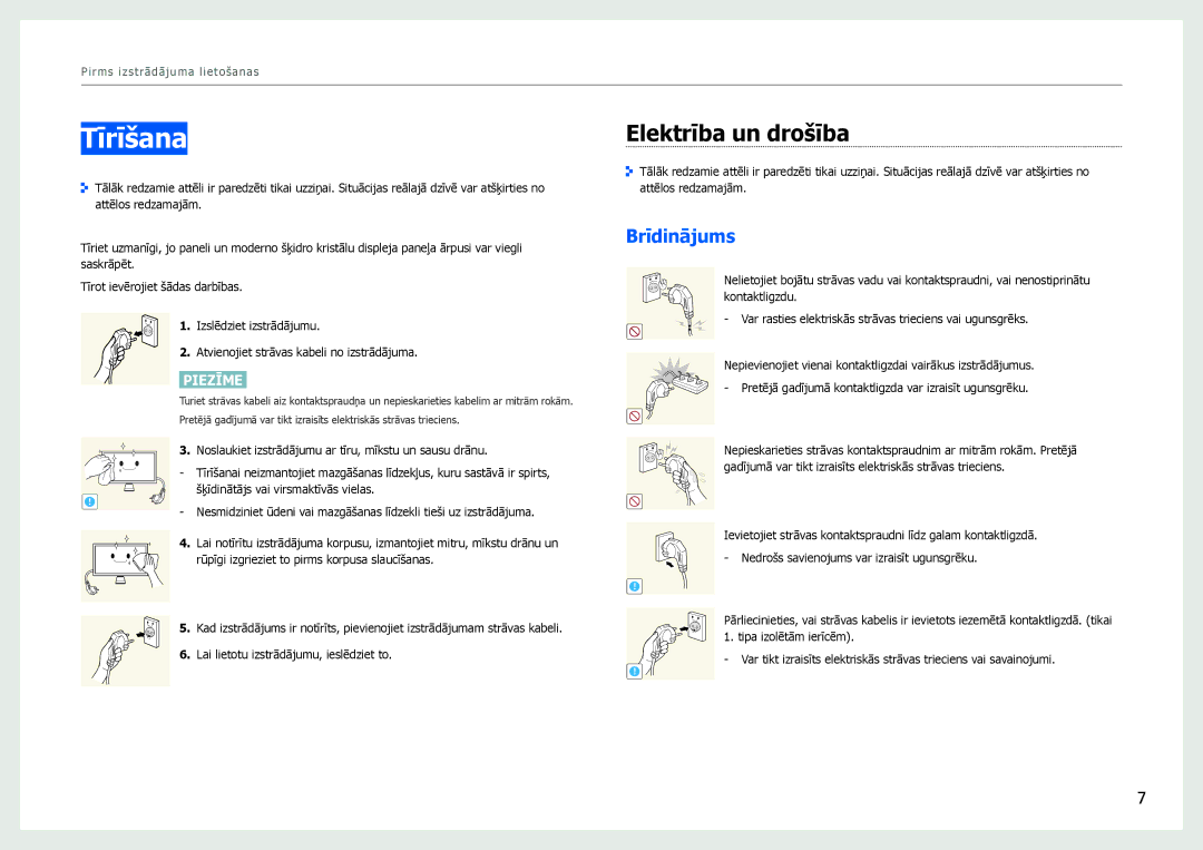 Samsung LS27B970DS/EN, LS27B971DS/EN manual Tīrīšana, Elektrība un drošība, Brīdinājums 
