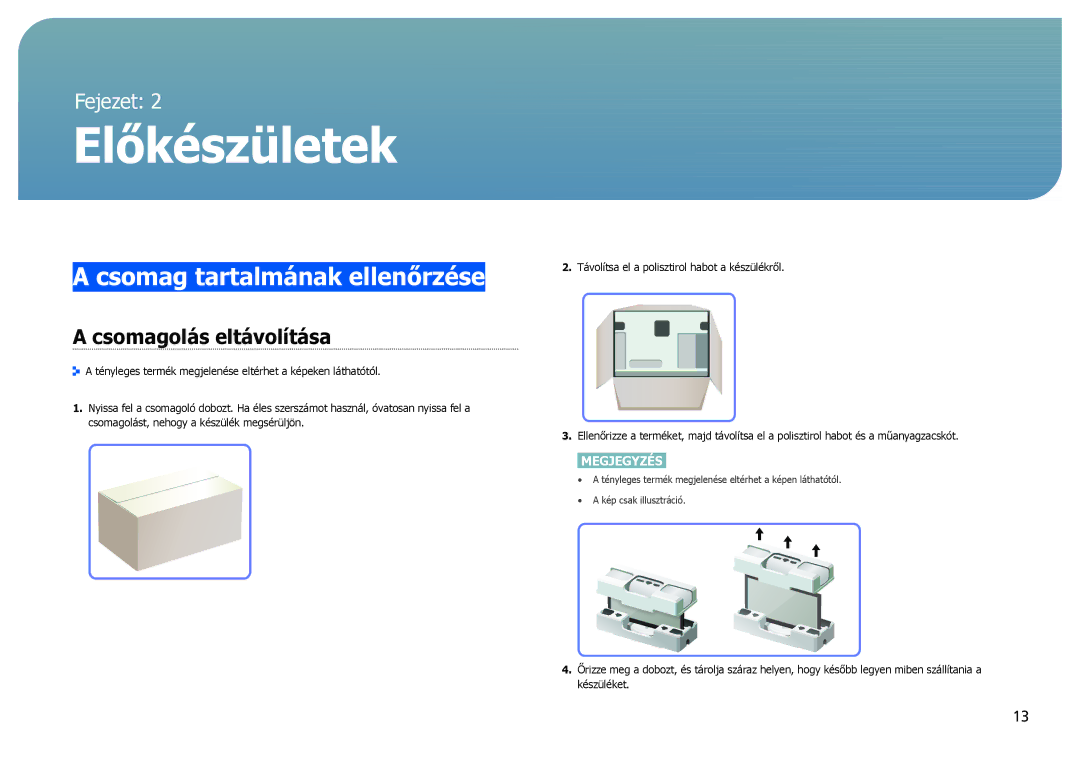 Samsung LS27B970DS/EN, LS27B971DS/EN manual Csomag tartalmának ellenőrzése, Csomagolás eltávolítása 