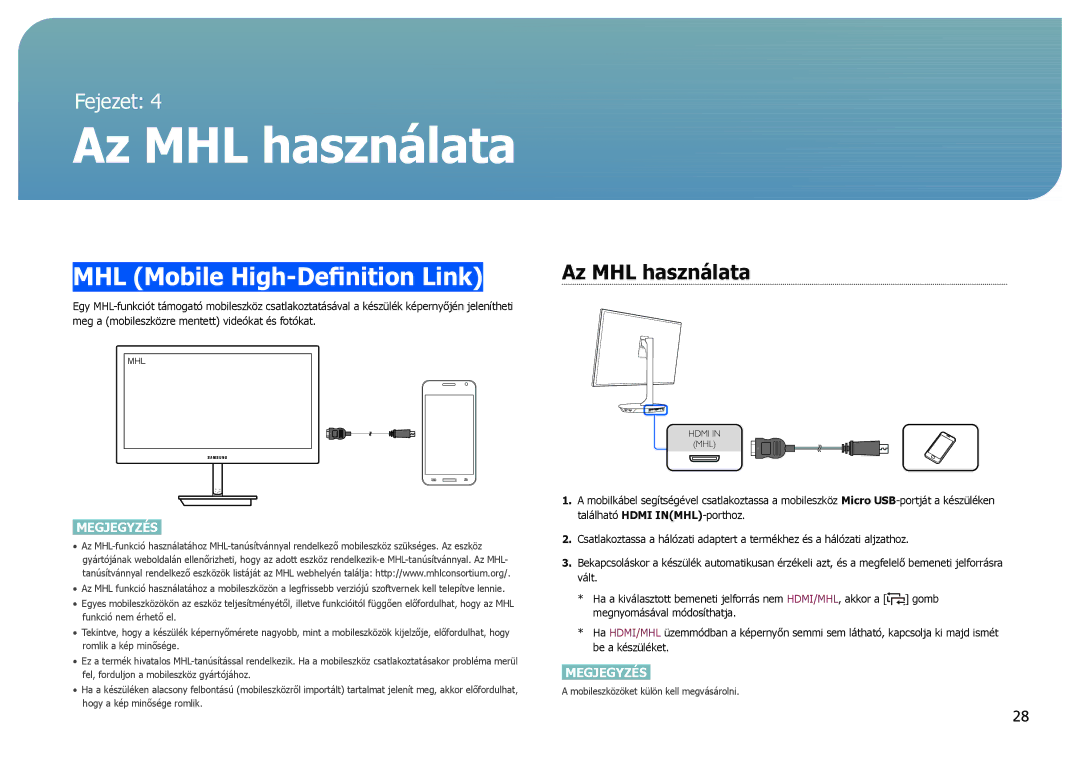 Samsung LS27B971DS/EN, LS27B970DS/EN manual MHL Mobile High-Definition Link, Az MHL használata 