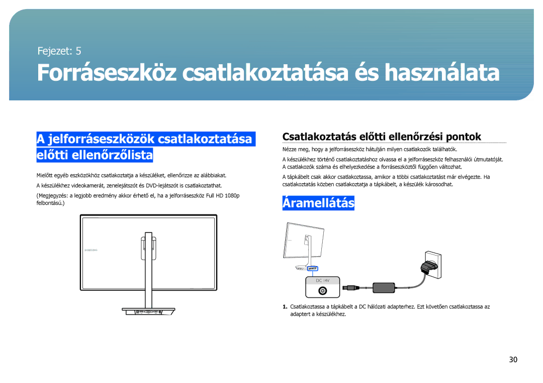 Samsung LS27B971DS/EN, LS27B970DS/EN manual Jelforráseszközök csatlakoztatása előtti ellenőrzőlista, Áramellátás 