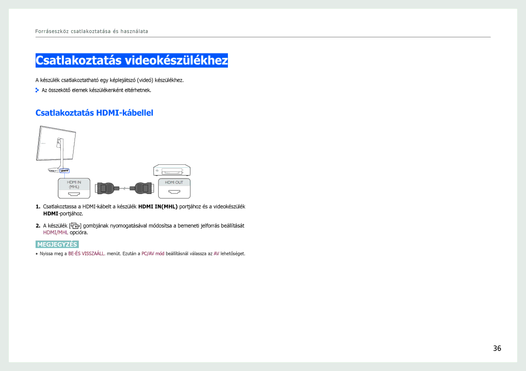 Samsung LS27B971DS/EN, LS27B970DS/EN manual Csatlakoztatás videokészülékhez, Csatlakoztatás HDMI-kábellel 