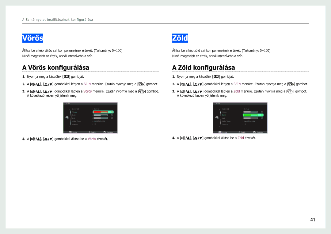 Samsung LS27B970DS/EN, LS27B971DS/EN manual Vörös konfigurálása, Zöld konfigurálása 