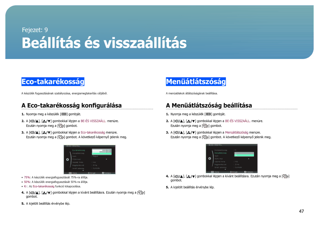 Samsung LS27B970DS/EN manual Eco-takarékosságMenüátlátszóság, Eco-takarékosság konfigurálása, Menüátlátszóság beállítása 