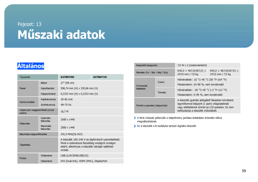 Samsung LS27B970DS/EN, LS27B971DS/EN manual Műszaki adatok, Általános 