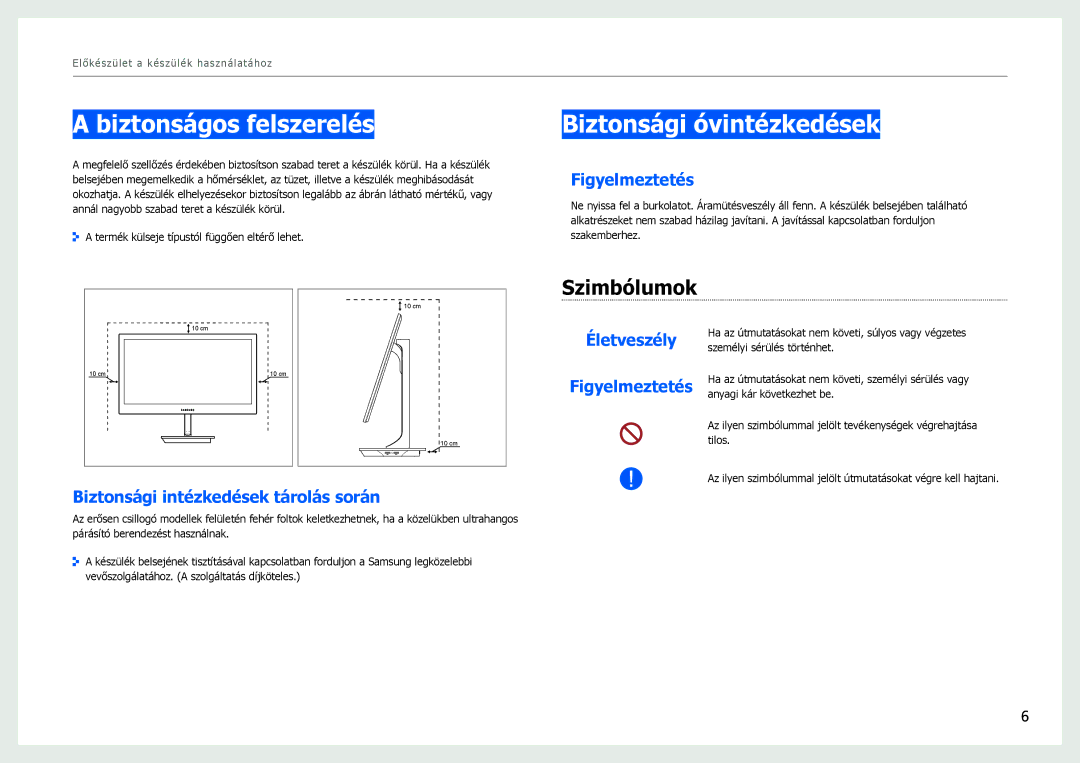 Samsung LS27B971DS/EN, LS27B970DS/EN manual Biztonságos felszerelés, Biztonsági óvintézkedések, Szimbólumok 