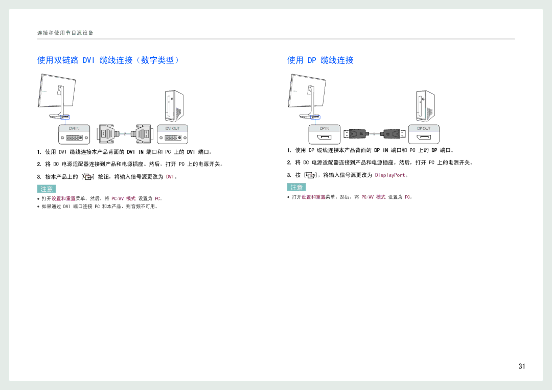 Samsung LS27B970DS/EN, LS27B971DS/EN manual 使用双链路 Dvi 缆线连接（数字类型）, 使用 Dp 缆线连接 