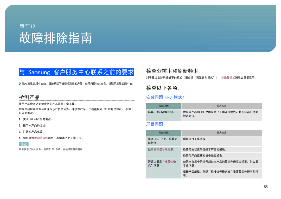 Samsung LS27B970DS/EN, LS27B971DS/EN manual 故障排除指南, Samsung 客户服务中心联系之前的要求, 检测产品, 检查分辨率和刷新频率, 检查以下各项。 