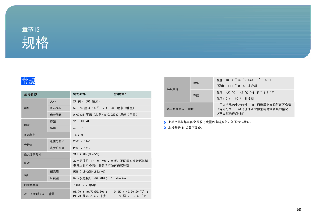 Samsung LS27B971DS/EN 厘米）, 显示面积, 像素间距, 显示颜色, 最佳分辨率, 分辨率 最大分辨率, 最大像素时钟, 本产品使用 100 至 240 V 电源。不同国家或地区的标, 准电压有所不同，请参阅产品背面的标签。 