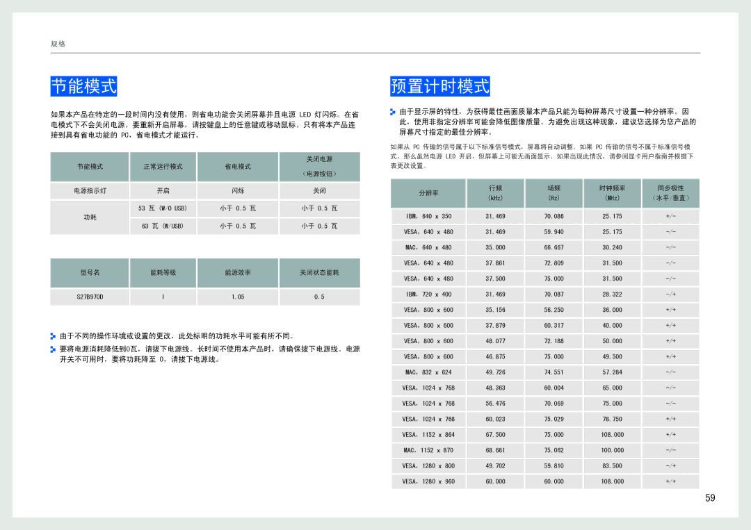 Samsung LS27B970DS/EN, LS27B971DS/EN manual 节能模式, 预置计时模式 