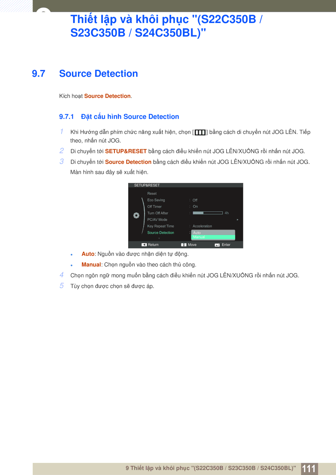 Samsung LS22D300NY/XV, LS27C350HS/XV, LS24C350HL/XV, LS23C350HSMXV manual 1 Đặt cấu hình Source Detection 