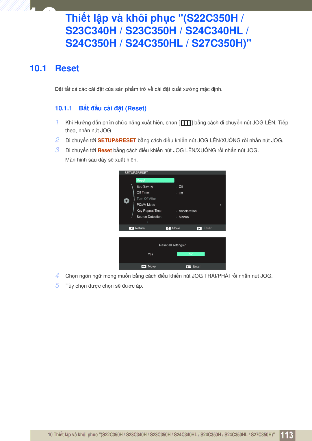 Samsung LS24C350HL/XV, LS27C350HS/XV, LS23C350HSMXV, LS22D300NY/XV manual 10.1.1 Bắt đầu cài đặt Reset 