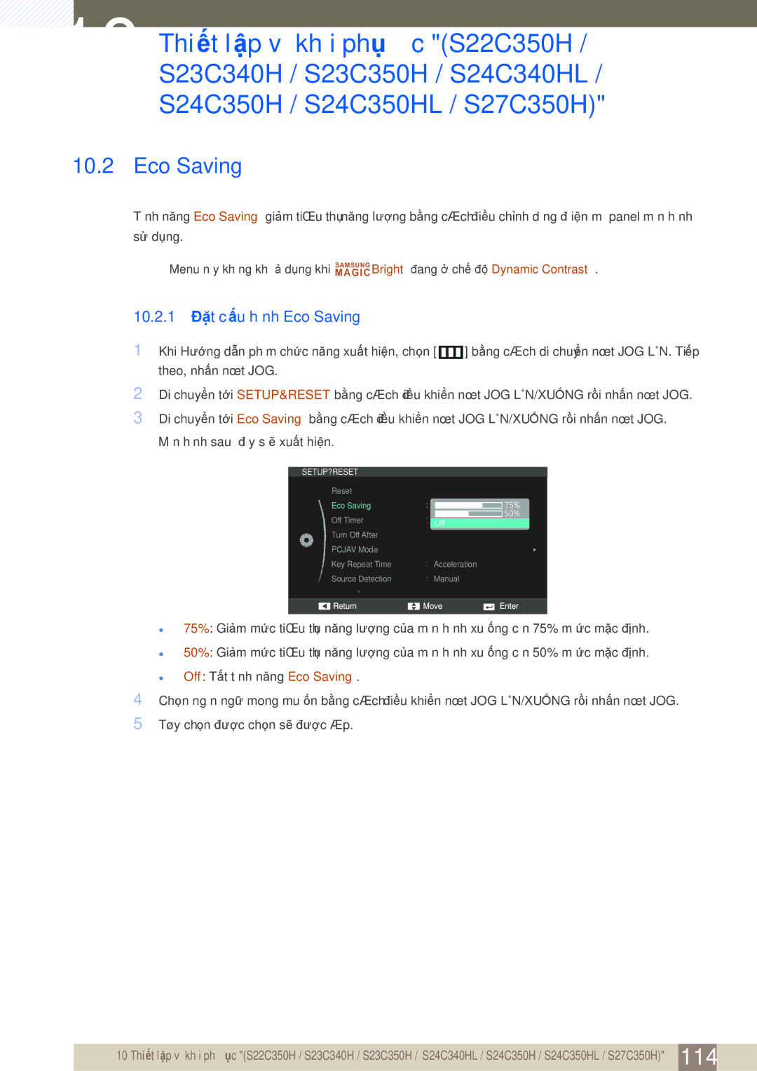 Samsung LS23C350HSMXV, LS27C350HS/XV, LS24C350HL/XV, LS22D300NY/XV manual 10.2.1 Đặt cấu hình Eco Saving 