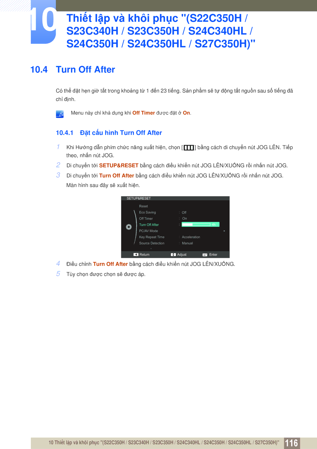 Samsung LS27C350HS/XV, LS24C350HL/XV, LS23C350HSMXV, LS22D300NY/XV manual 10.4.1 Đặt cấu hình Turn Off After 