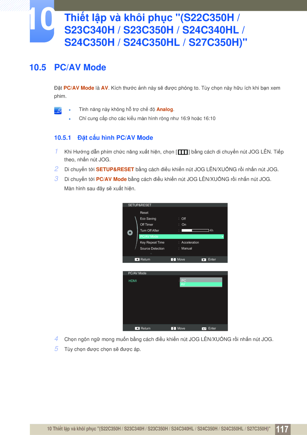 Samsung LS24C350HL/XV, LS27C350HS/XV, LS23C350HSMXV, LS22D300NY/XV manual 10.5 PC/AV Mode, 10.5.1 Đặt cấu hình PC/AV Mode 