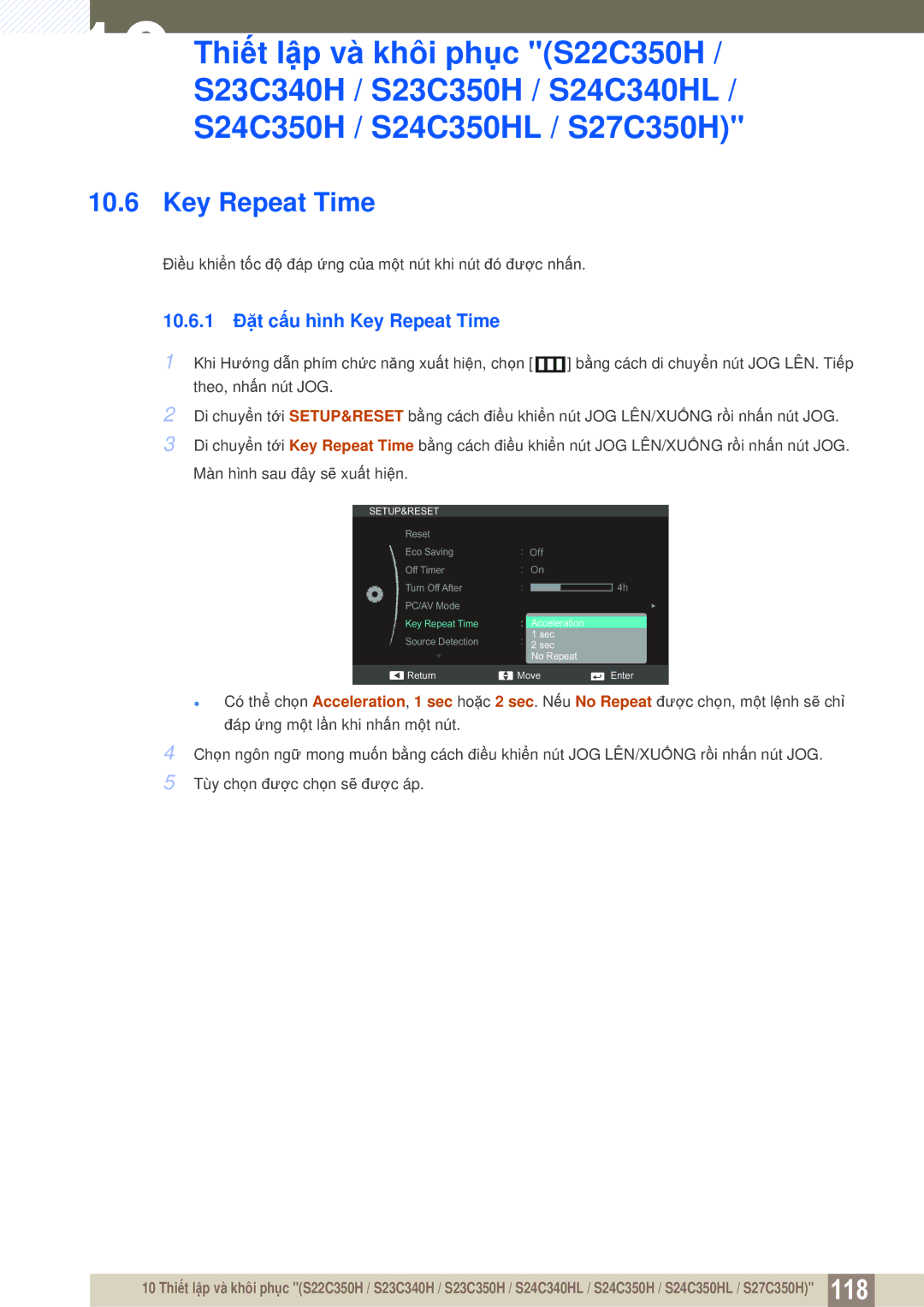 Samsung LS23C350HSMXV, LS27C350HS/XV, LS24C350HL/XV, LS22D300NY/XV manual 10.6.1 Đặt cấu hình Key Repeat Time 