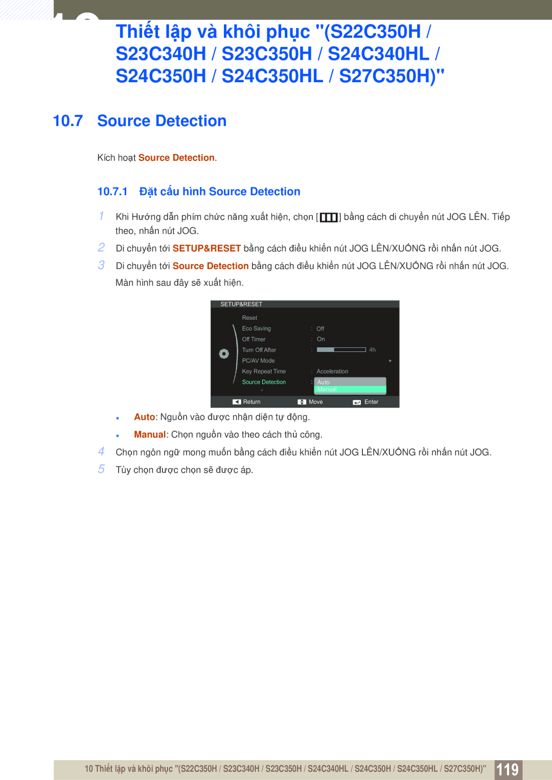 Samsung LS22D300NY/XV, LS27C350HS/XV, LS24C350HL/XV, LS23C350HSMXV manual 10.7.1 Đặt cấu hình Source Detection 