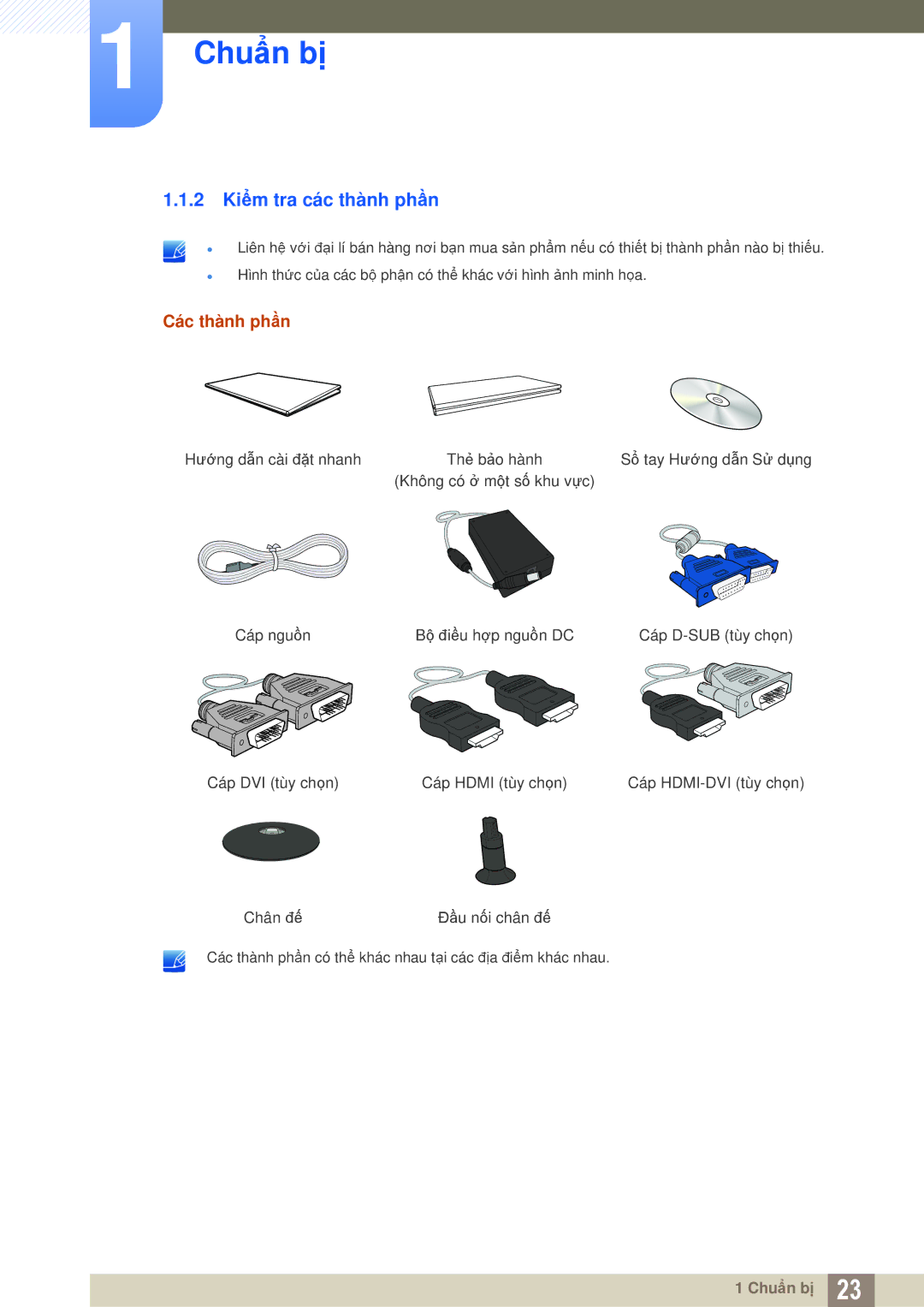 Samsung LS22D300NY/XV, LS27C350HS/XV, LS24C350HL/XV, LS23C350HSMXV manual 2 Kiểm tra các thành phần, Các thành phần 