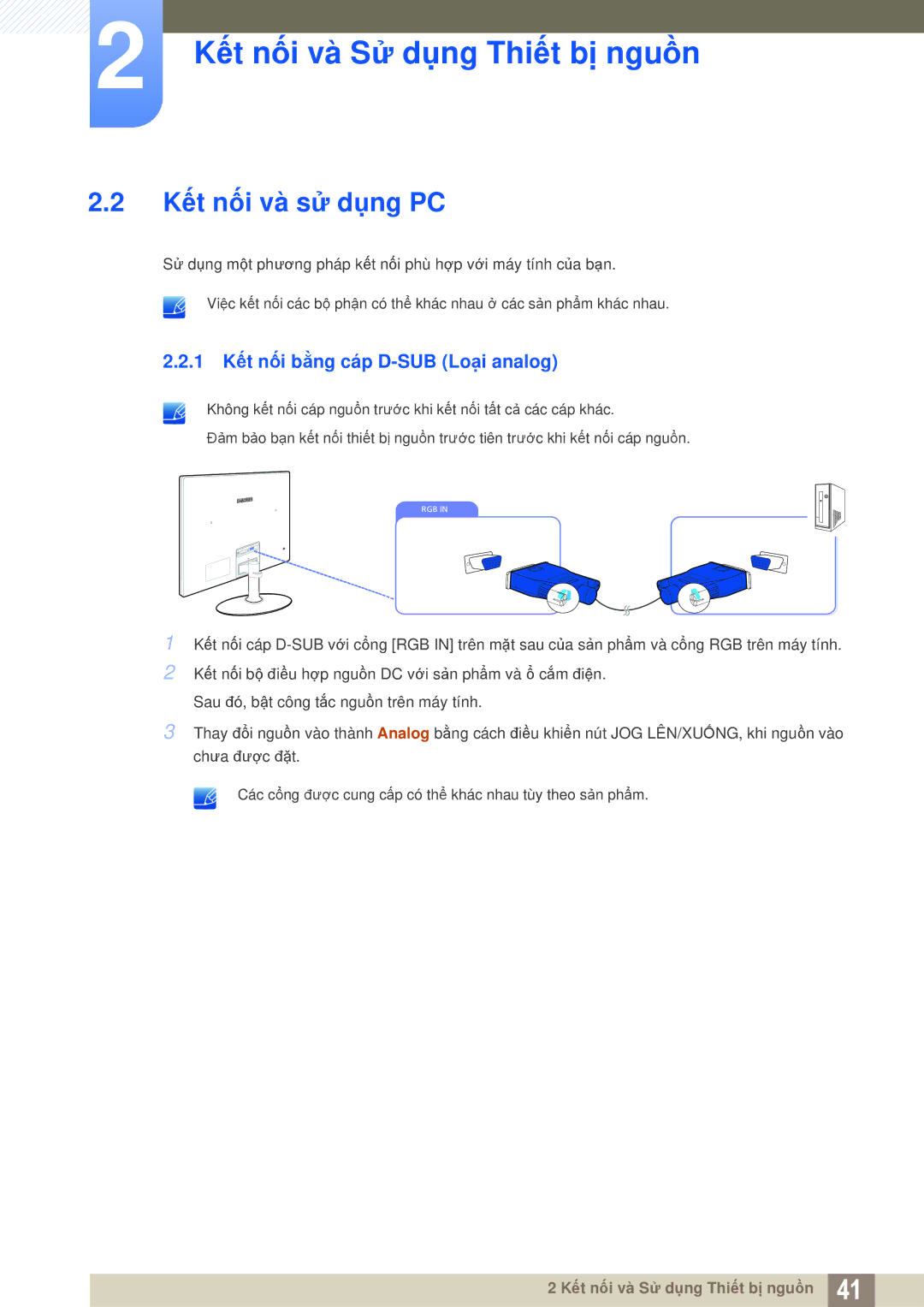 Samsung LS24C350HL/XV, LS27C350HS/XV, LS23C350HSMXV manual Kết nối và sử dụng PC, 1 Kết nối bằng cáp D-SUB Loại analog 