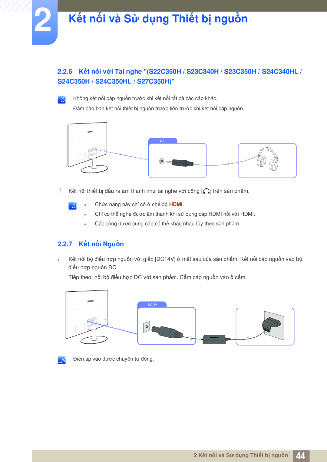 Samsung LS27C350HS/XV, LS24C350HL/XV, LS23C350HSMXV, LS22D300NY/XV manual 7 Kết nối Nguồn 