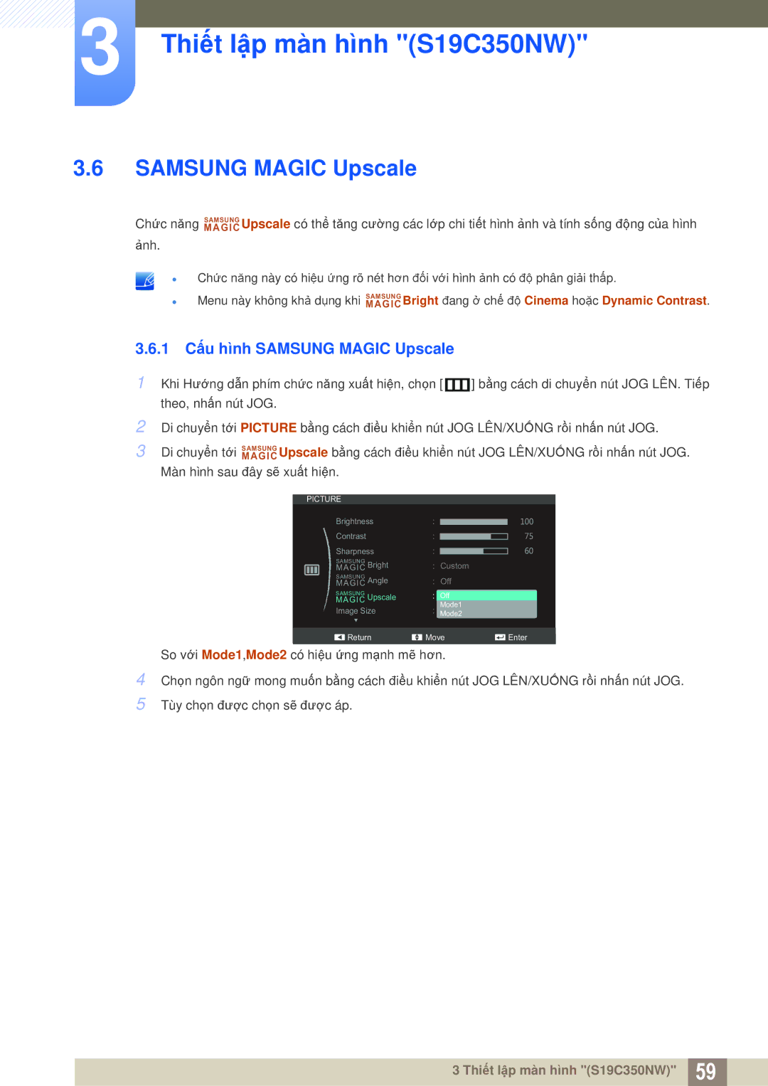 Samsung LS22D300NY/XV, LS27C350HS/XV, LS24C350HL/XV, LS23C350HSMXV manual 1 Cấu hình Samsung Magic Upscale 