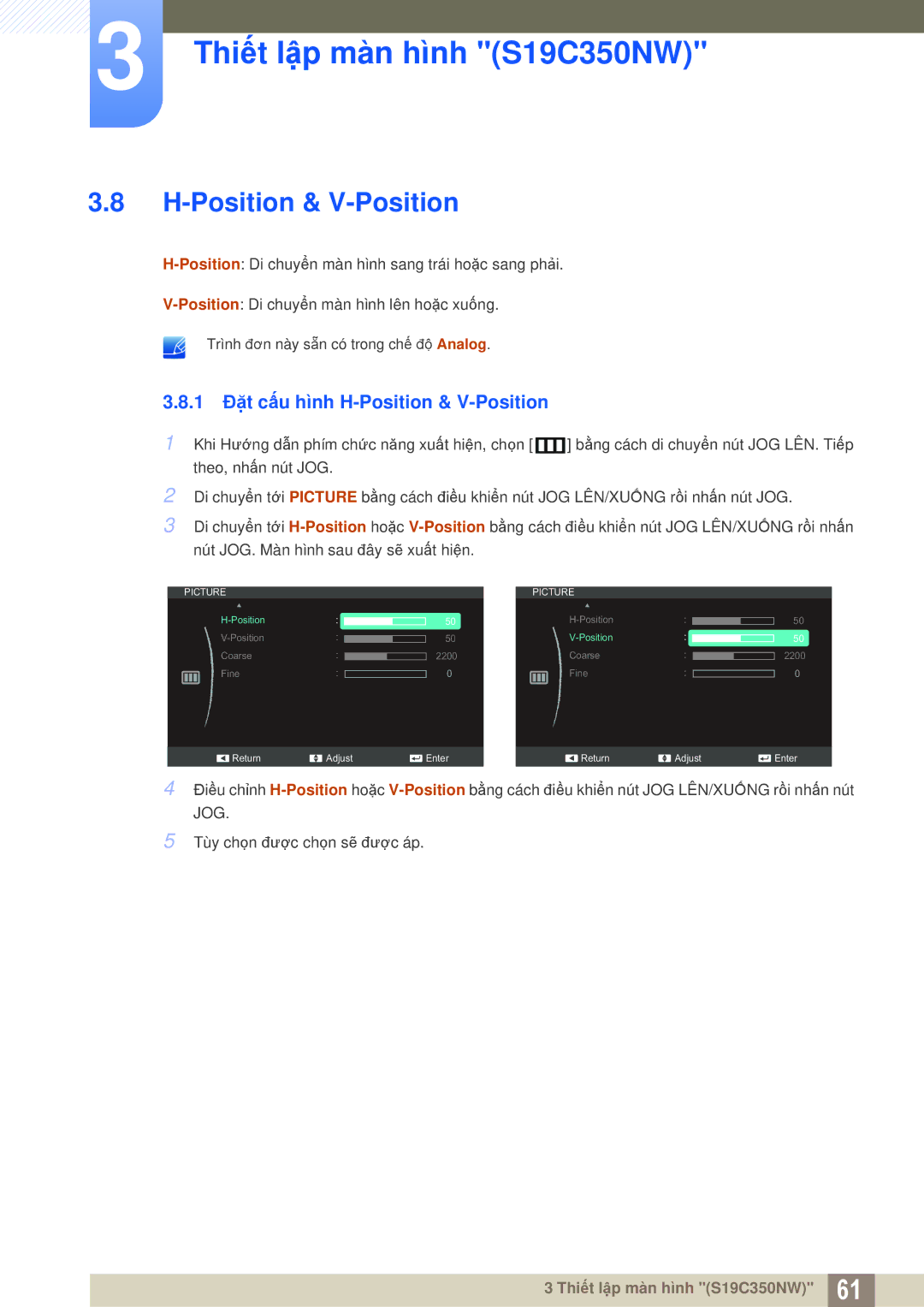 Samsung LS24C350HL/XV, LS27C350HS/XV, LS23C350HSMXV, LS22D300NY/XV manual 1 Đặt cấu hình H-Position & V-Position 