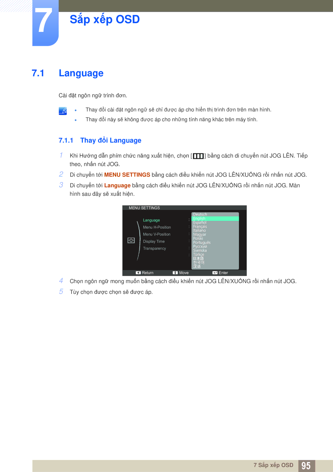 Samsung LS22D300NY/XV, LS27C350HS/XV, LS24C350HL/XV, LS23C350HSMXV manual Sắp xếp OSD, Thay đổi Language 