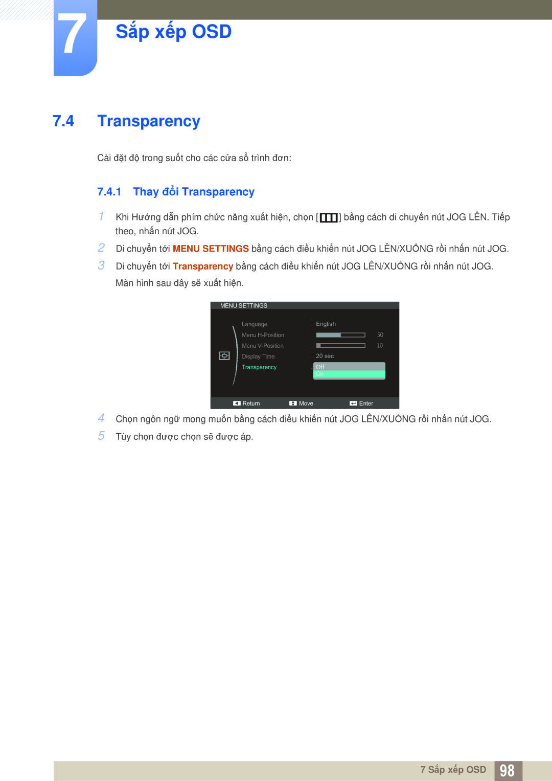 Samsung LS23C350HSMXV, LS27C350HS/XV, LS24C350HL/XV, LS22D300NY/XV manual Thay đổi Transparency 