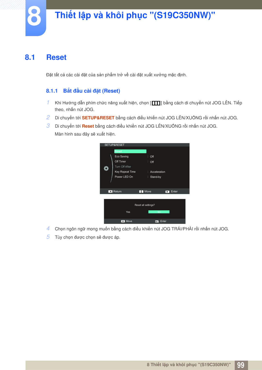 Samsung LS22D300NY/XV, LS27C350HS/XV, LS24C350HL/XV manual Thiết lập và khôi phục S19C350NW, 1 Bắt đầu cài đặt Reset 
