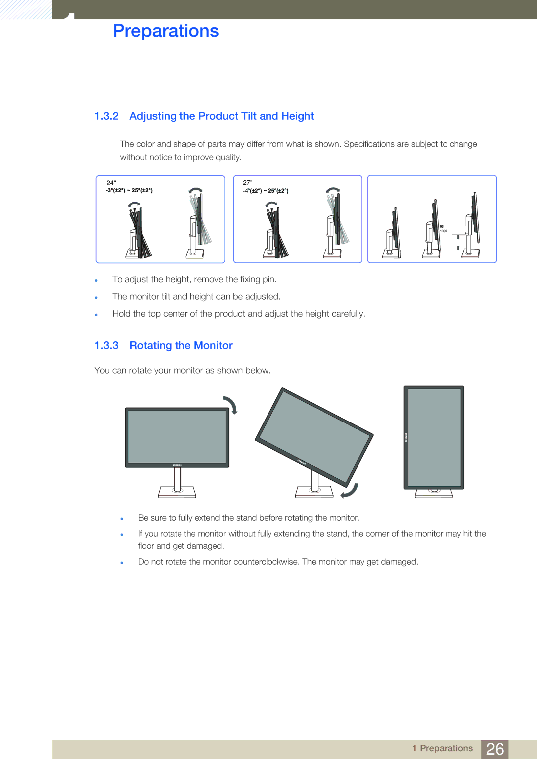 Samsung LS24C45UDW/CI, LS27C45UDS/EN, LS24C45UDW/EN manual Adjusting the Product Tilt and Height, Rotating the Monitor 