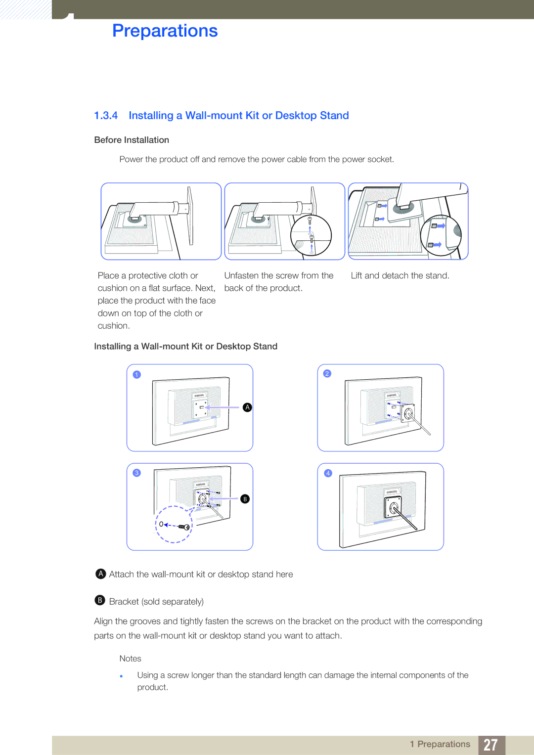 Samsung LS27C45UDS/CI, LS27C45UDS/EN, LS24C45UDW/EN, LS24C45UDW/CI manual Installing a Wall-mount Kit or Desktop Stand 