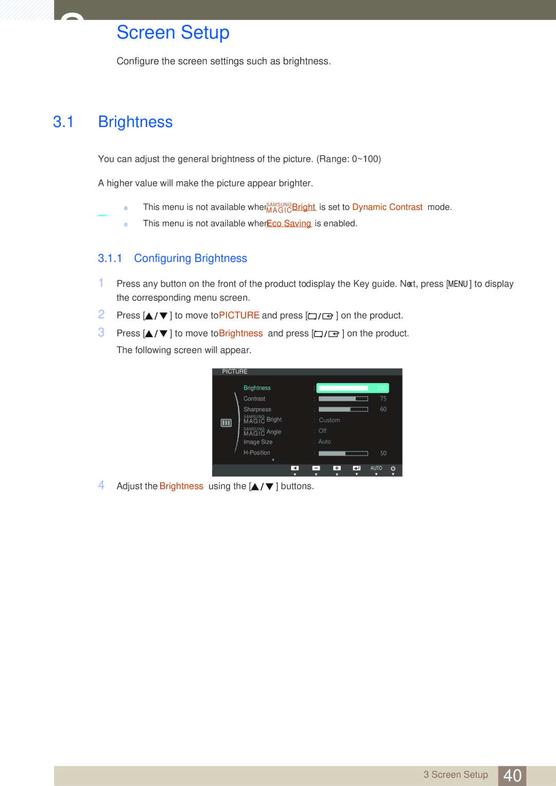 Samsung LS27C45UDS/EN, LS24C45UDW/EN, LS24C45UDW/CI, LS27C45UDS/CI manual Screen Setup, Configuring Brightness 