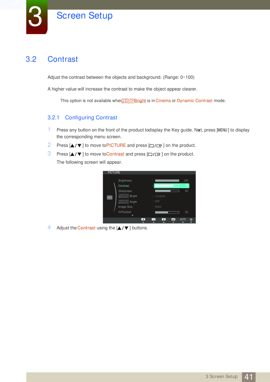 Samsung LS24C45UDW/EN, LS27C45UDS/EN, LS24C45UDW/CI, LS27C45UDS/CI manual Configuring Contrast 