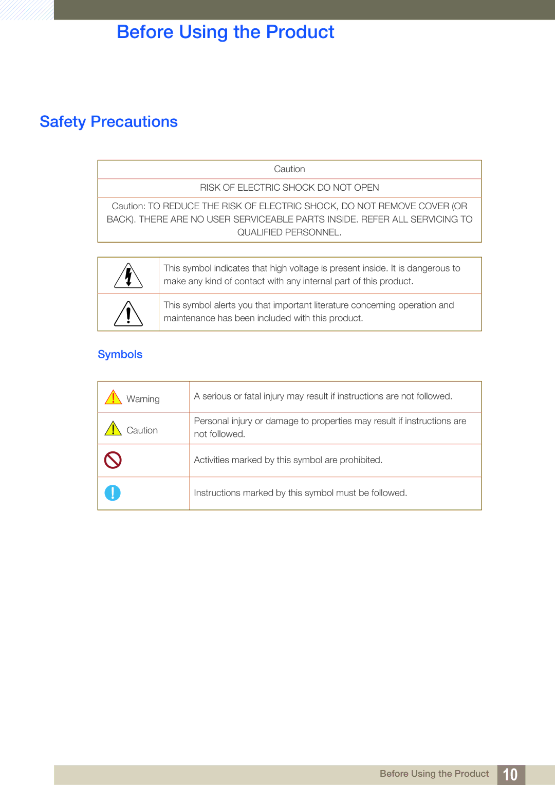 Samsung LS24C45UDW/CI, LS27C45UDS/EN, LS24C45UDW/EN, LS27C45UDS/CI manual Safety Precautions, Symbols 