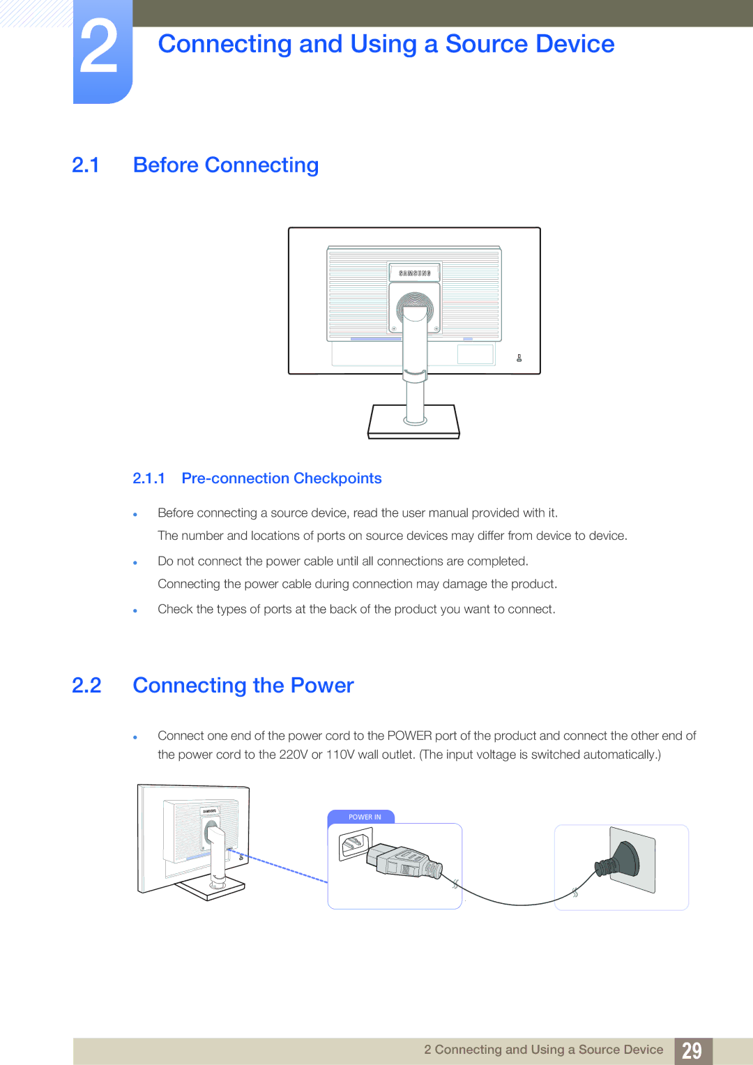 Samsung LS24C45UDW/EN, LS27C45UDS/EN manual Connecting and Using a Source Device, Before Connecting, Connecting the Power 