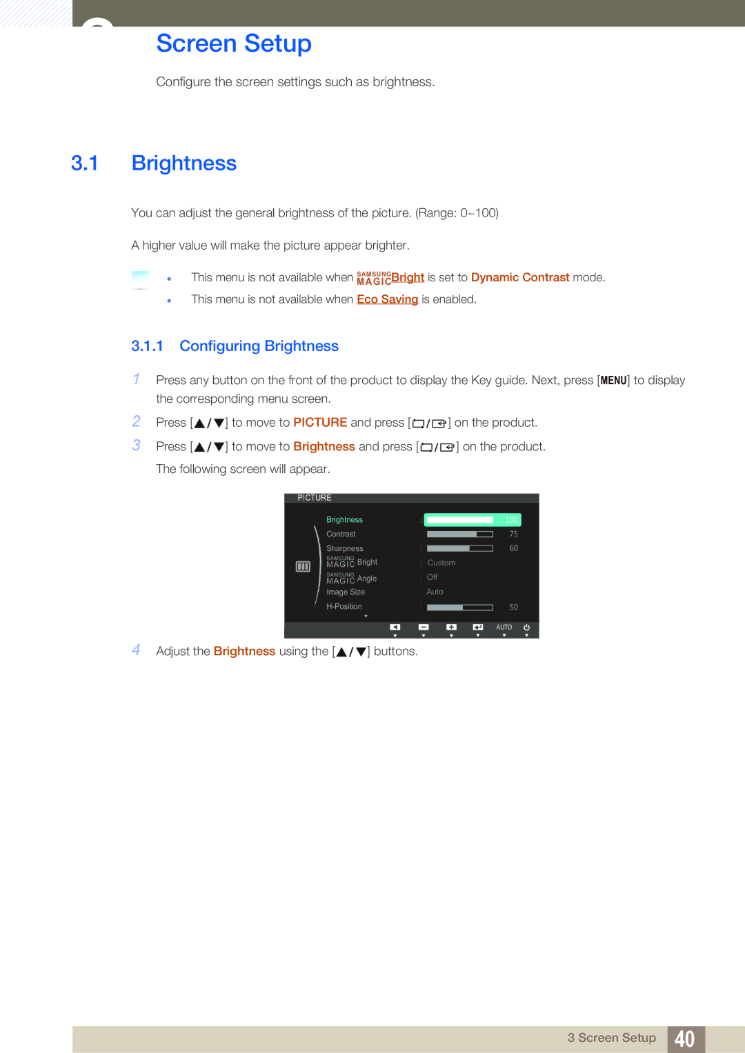 Samsung LS27C45UDS/EN, LS24C45UDW/EN, LS24C45UDW/CI, LS27C45UDS/CI manual Screen Setup, Configuring Brightness 