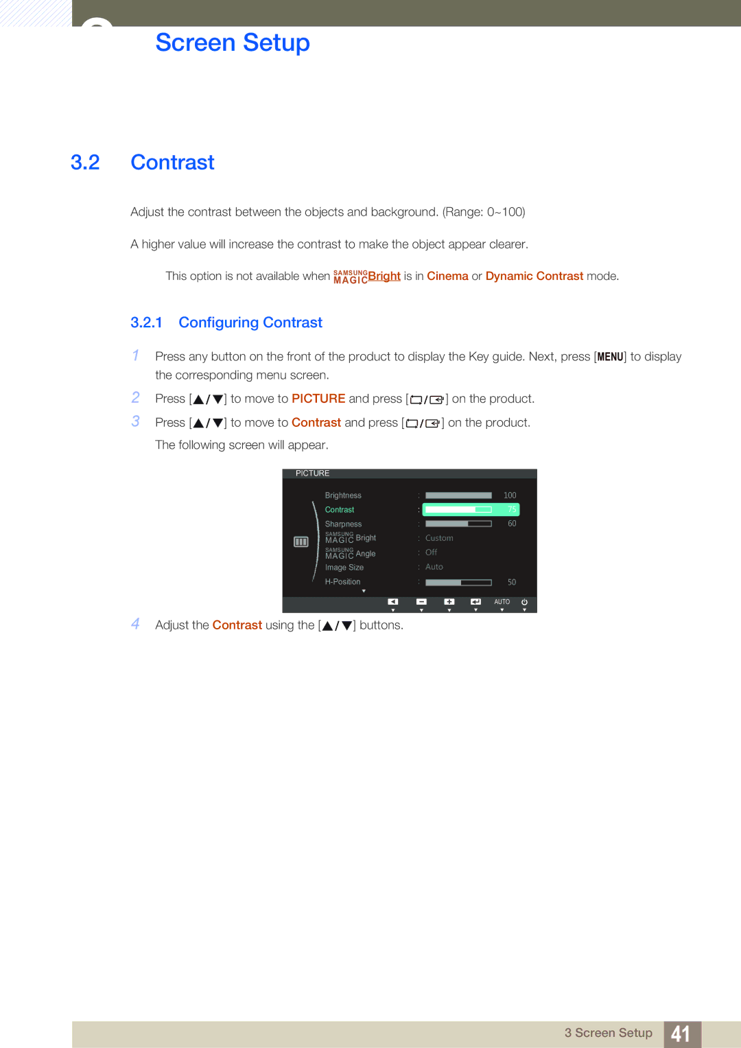 Samsung LS24C45UDW/EN, LS27C45UDS/EN, LS24C45UDW/CI, LS27C45UDS/CI manual Configuring Contrast 