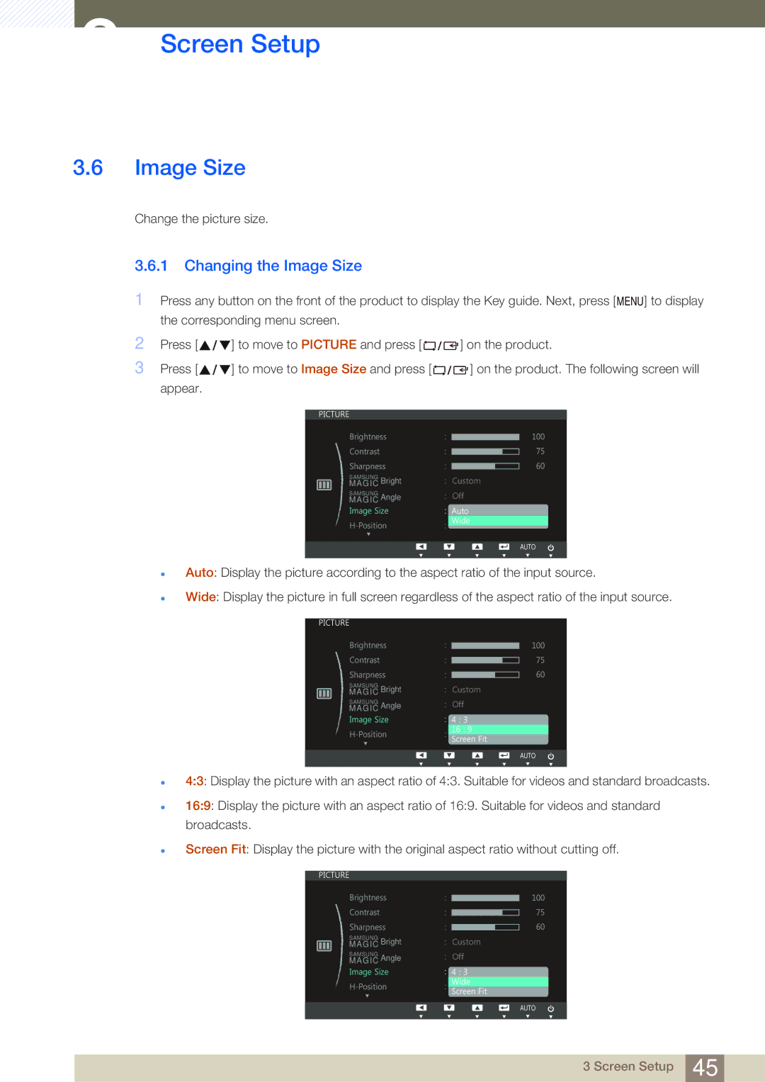 Samsung LS24C45UDW/EN, LS27C45UDS/EN, LS24C45UDW/CI, LS27C45UDS/CI manual Changing the Image Size 